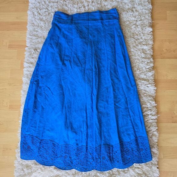 Jason Wu Eyelet Lace Embroidered Hem Boho Linen Blend Blue Midi Skirt Size 10 - Picture 2 of 9